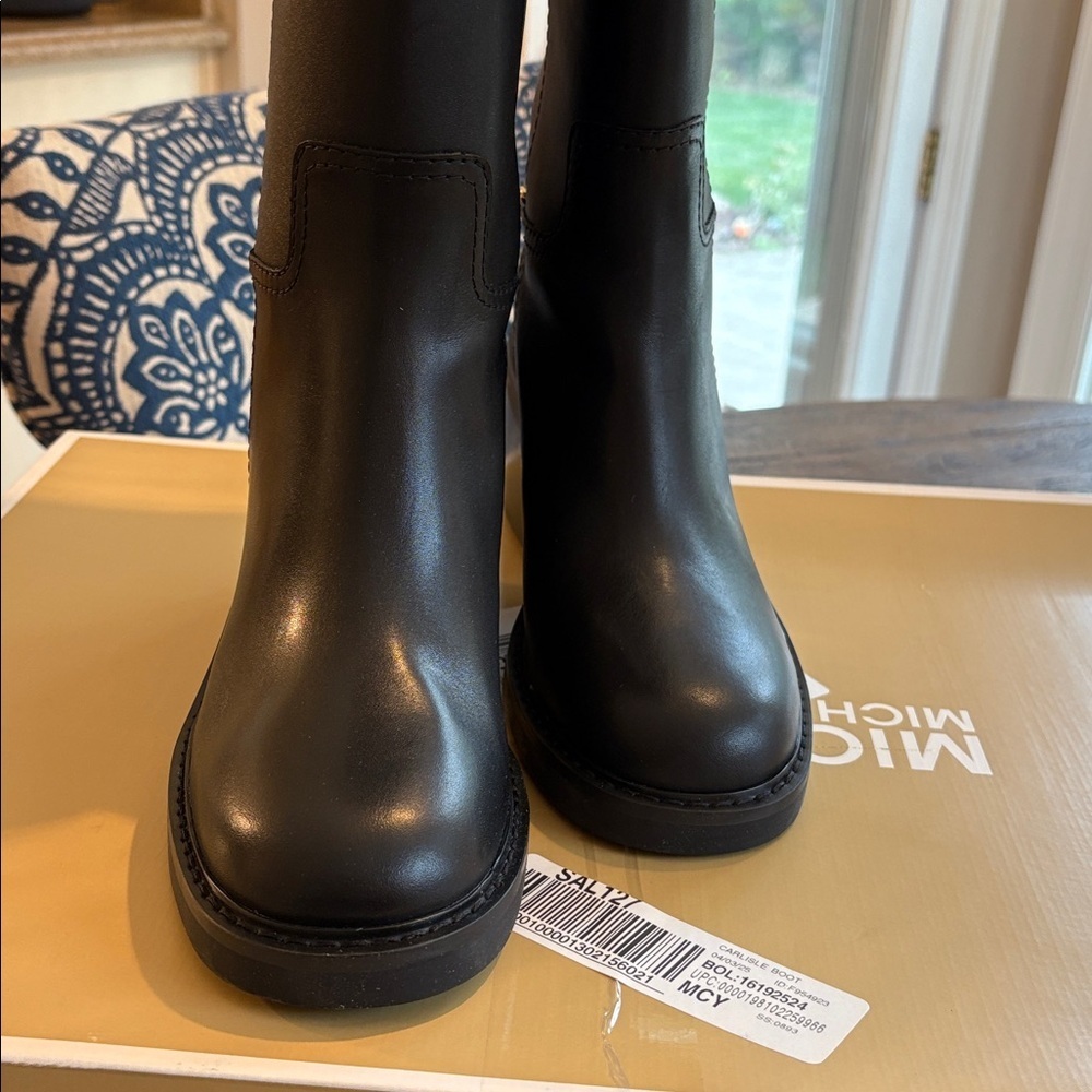 Michael Kors Black Heeled Boots with Gold Chain Detail - Picture 3 of 6